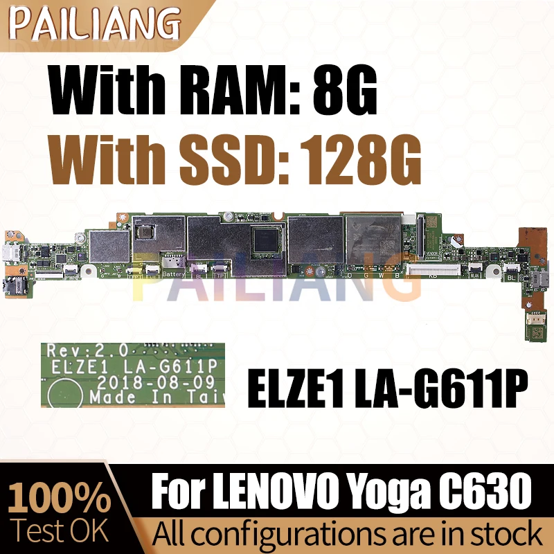 For LENOVO Yoga C630 Notebook Mainboard Laptop LA-G611P RAM 8G  SSD 128G Mainboard Full Tested