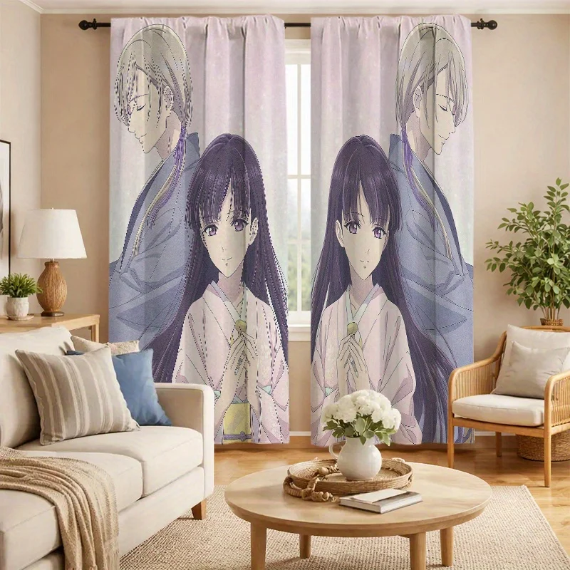 Anime Style Couple Curtains, Japanese Romance Print Window Drapes, Soft Pastel Decor, Blackout Fabric for Bedroom Living Room
