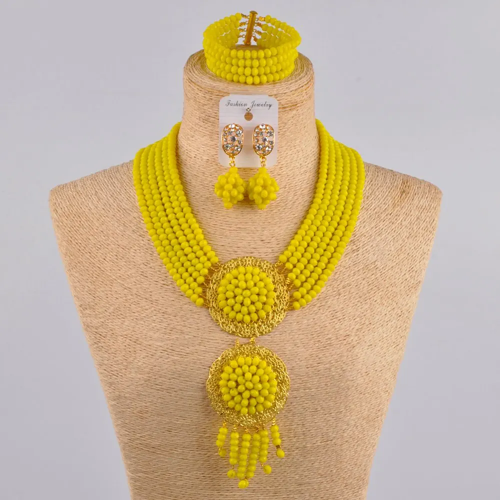 

Fashion Nigeria Wedding Fashion Jewelry Opaque Yellow Tassel Crystal Necklace African Bride Wedding Dress Accessories Set XK-30