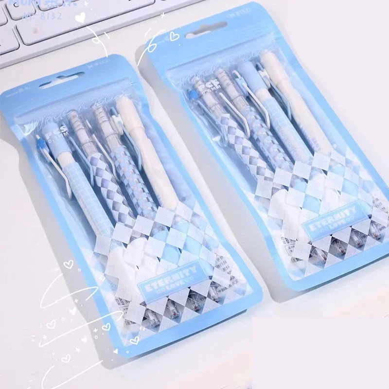 Cartoon 4Pcs Checkered Press Pen 0.5mm black checkerboard Gel Pen 0.5mm Student Kids School Stationery birthday gift
