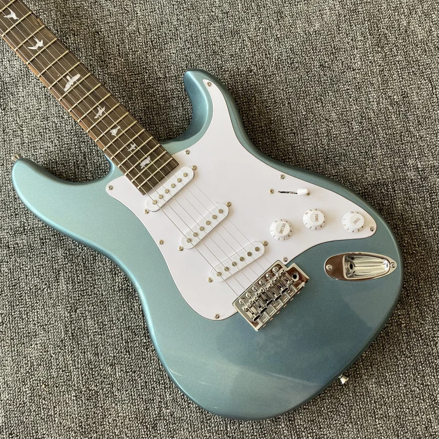 High quality electric guitar, metal blue finish, maple neck, rosewood fingerboard, chrome hardware, vibrato system, 2 pickups