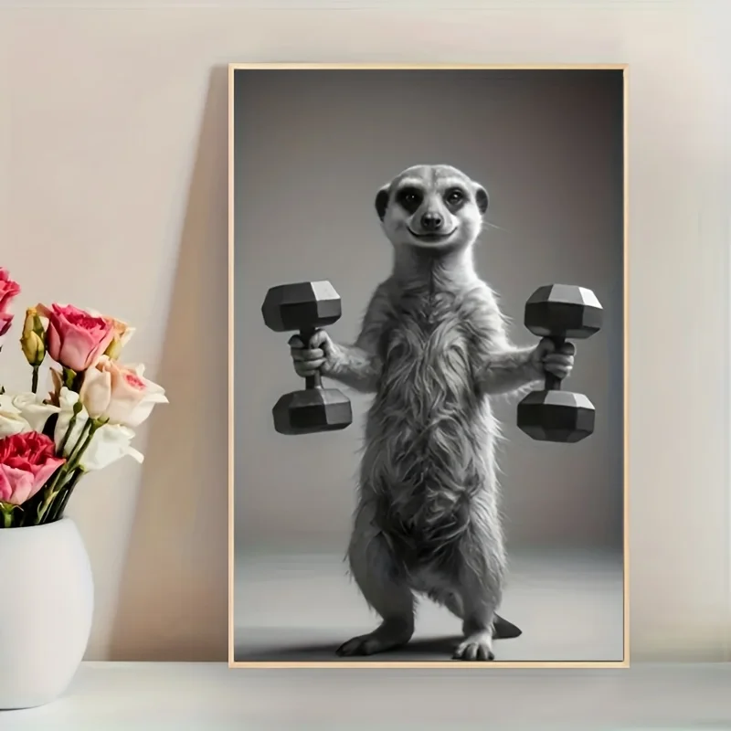 2D Flat, A Vintage Funny Meerkat Weightlifting Fitness Art Print - Black and White Motivational Unframed Poster, Easy to Hang