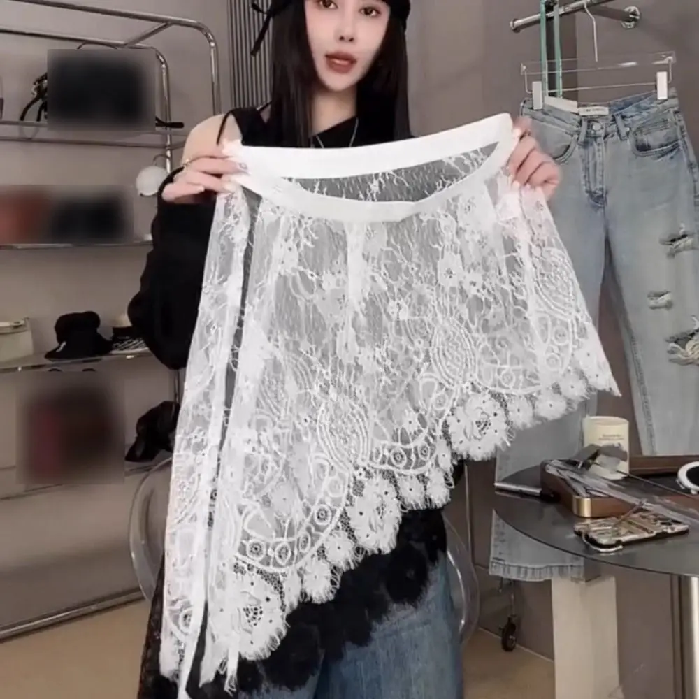 Nuova gonna in pizzo ricamato Y2K Streetwear vedere attraverso gonna scavata a vita alta design con lacci gonna a strati decorazione jeans