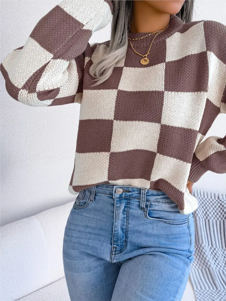 Autumn And Winter Women's Checkered Long Sleeved Pullover Sweater, Street Style Contrasting Color Retro Pullover Knitted Sweater