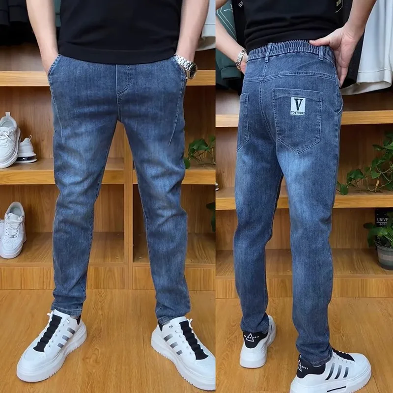 

Elegant Embroidered Slim Fit Men's Jeans Elastic Casual Straight Leg Jeans Youth Trendy Wear Resistant Comfortable Denim Pants