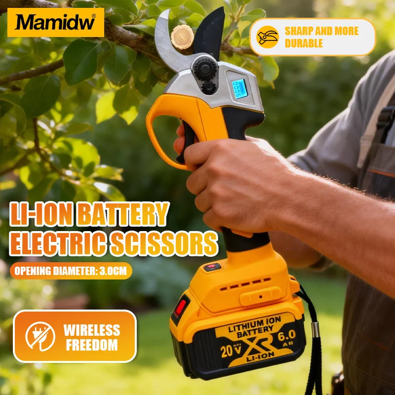 Mamidw Brushless Cordless Electric Scissors Digital Display Pruning Shears Multifunctional Fruit Tree Branche Cutter Garden Tool