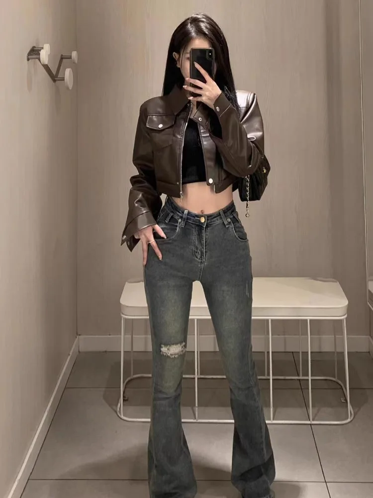 Hochgeschnittene Kunstlederjacke für Damen Modische Bikerjacke Trendige Streetwear Herbst Winter Neuerscheinung