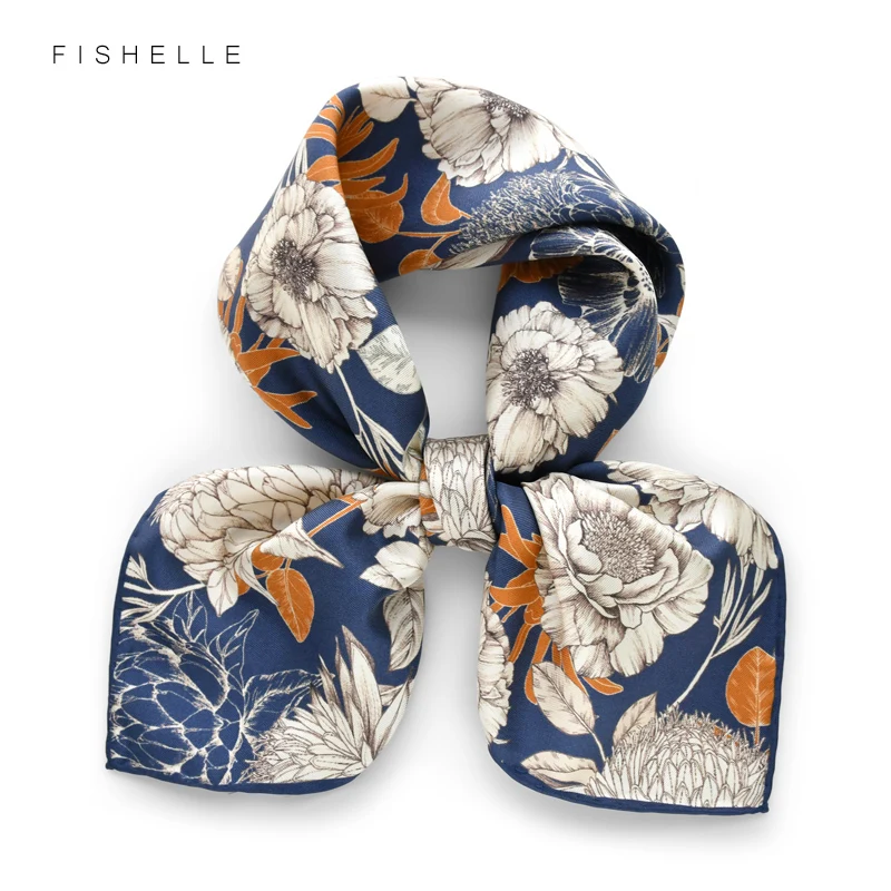 

Blue Floral 100% Natural Silk Scarf Twill Women Shawl Wrap Neckerchief Tie Pocket Square 65CM Lady Gifts Handkerchief