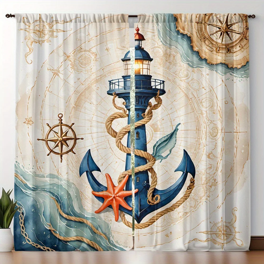 Nautical Lighthouse Curtains Set of 2 – Vintage Map & Maritime Motifs, Rod Pocket Light Filtering Drapes