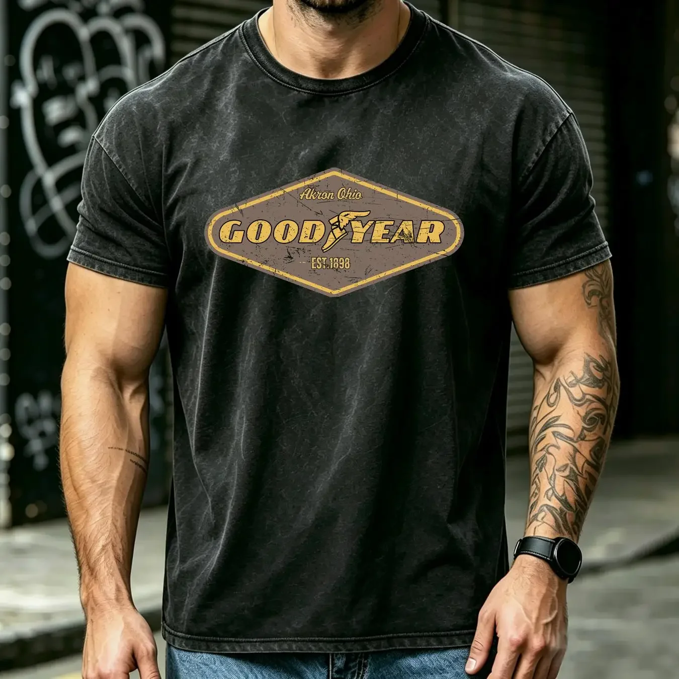 washed T Shirt Goodyear Tires Men's Officially Licensed Distressed Logo Print vintage Washed Unisex graphic Stretched fashion