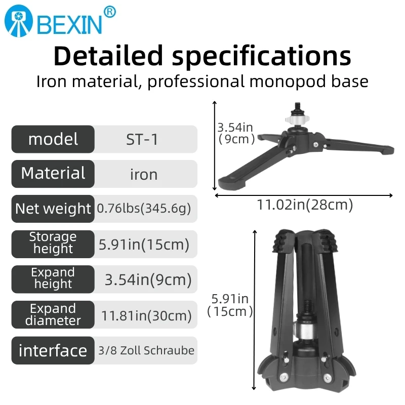 BEXIN ST-1 Hydraulic Universal Mini Three Feet Support Tripod Stand Base Monopod Stand 3/8' Screw Tripod for Camera