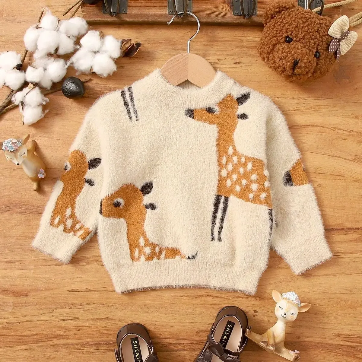 

Kids Christmas Sweater Full Sleeve O Neck Elk Print Cute Knitwear Warm Soft Mohair Pullover Top Xmas Look Children's Clothing