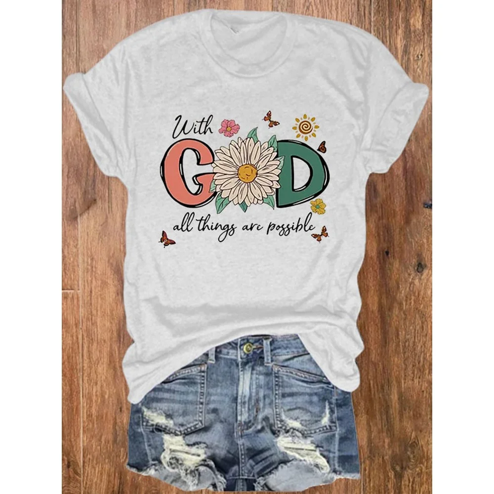 Rheaclots Women's With God All Things Are Possible Print O-Neck Short Sleeve T-Shirt