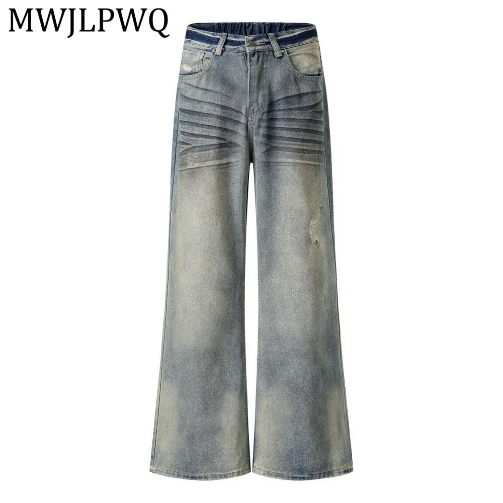 

MWJLPWQ Street Style Washed Distressed Jeans Male Bottom Design Hiphop Trendy Vibe Loose Fit Men's Frayed Gradient Pants 14218