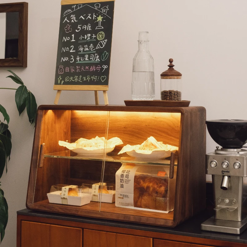 #Coffee shop solid wood storage cabinet glass door black walnut desktop tableware coffee cup storage display case display case