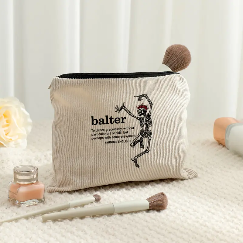 Balter Dancing Skeleton Corduroy Makeup Bag Funny Quote Skeleton Zipper Cosmetic Pouch Travel Toiletry Storage Purse Gift Bags