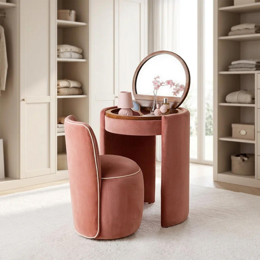 Modern Cream Boucle Vanity Table Set Flip Top Mirror Makeup Desk with Stool Cabinet for Bedroom Furniture