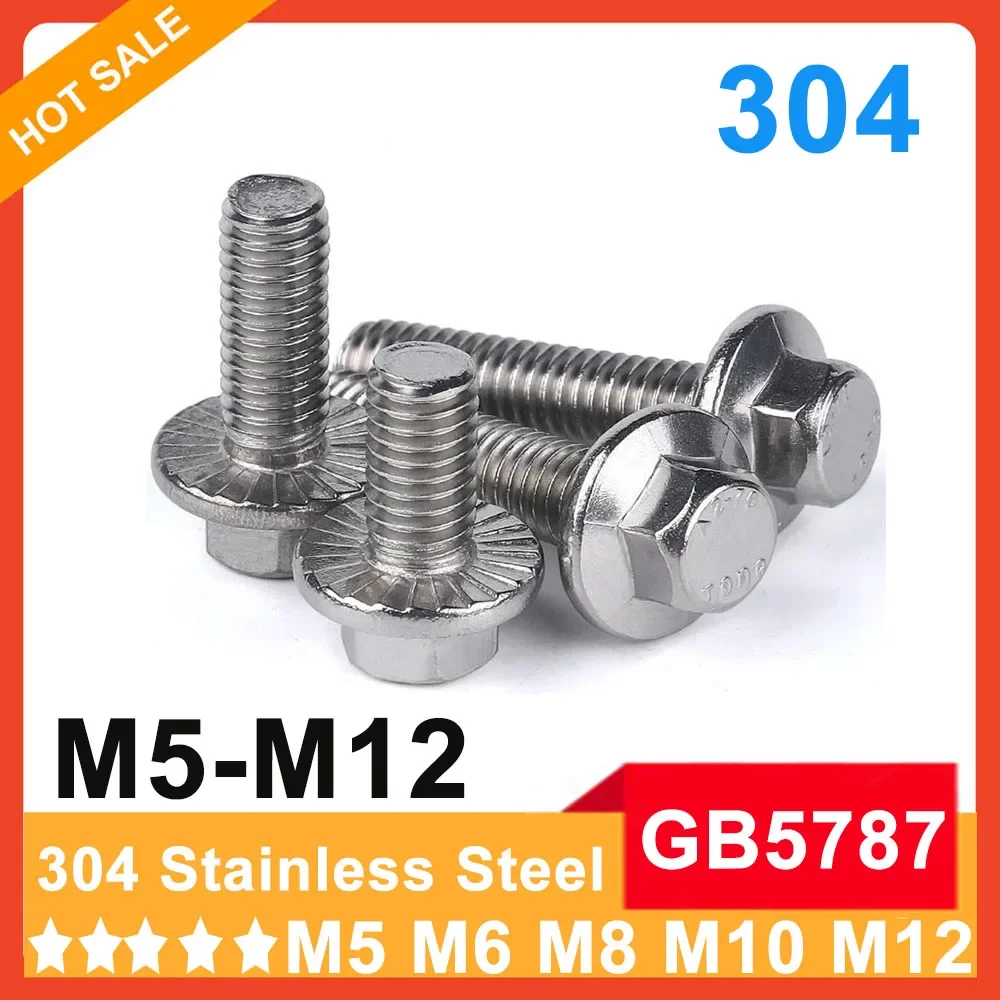 1/10pc M5 M6 M8 M10 M12 GB5787 304 Stainless Steel Concave Hexagonal Flange Bolts Serrated Cap Screw Hex Washer Heads