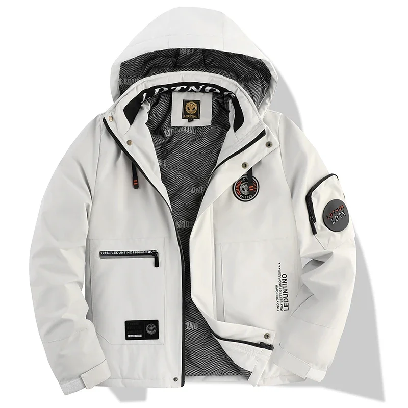 Men's Winter Hooded Parker Windproof Jacket Removable Hood Multiple Embroidered Badges Thick Warm Lined Outdoor Casual Jacket