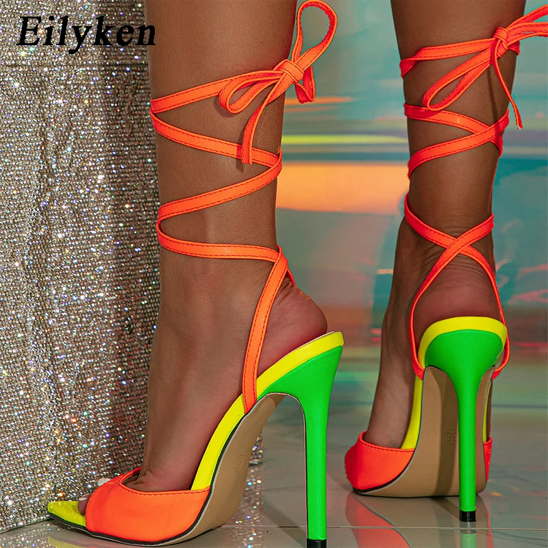 Eilyken Sexy Pointed Toe Mule High Heels Women Sandal Fashion Mixed Color Lace-up Summer Party Stripper Shoes