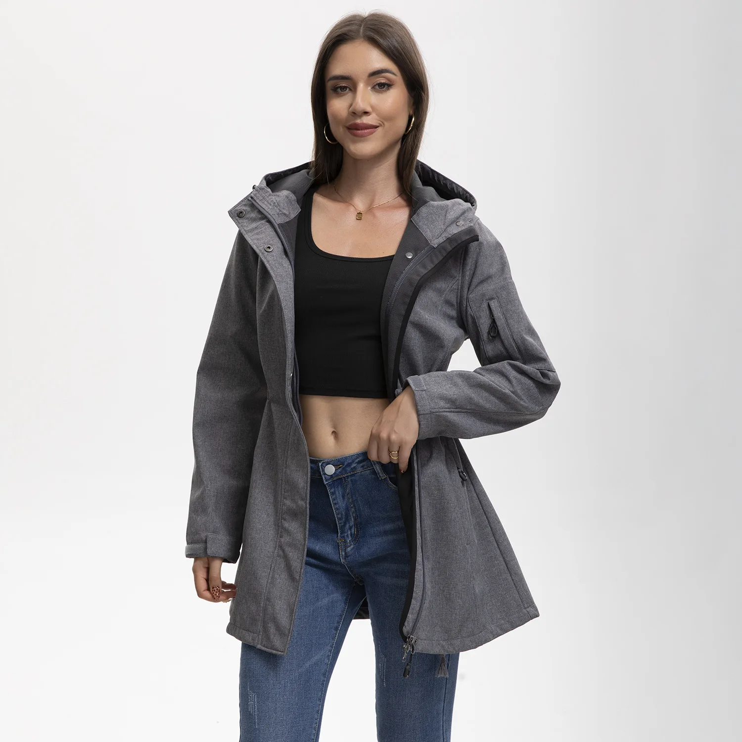 Women's Hooded Casual Comfortable Versatile Solid Color Fleece Lined Water Resistant Zipper Closure Long Sleeve Jacket Outerwear