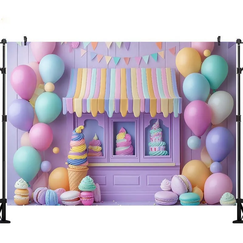 LS Ice Cream Parlor Shop Backdrop Sweet Candy Princess Girl Baby Birthday Photography Background Party Decoration Banner