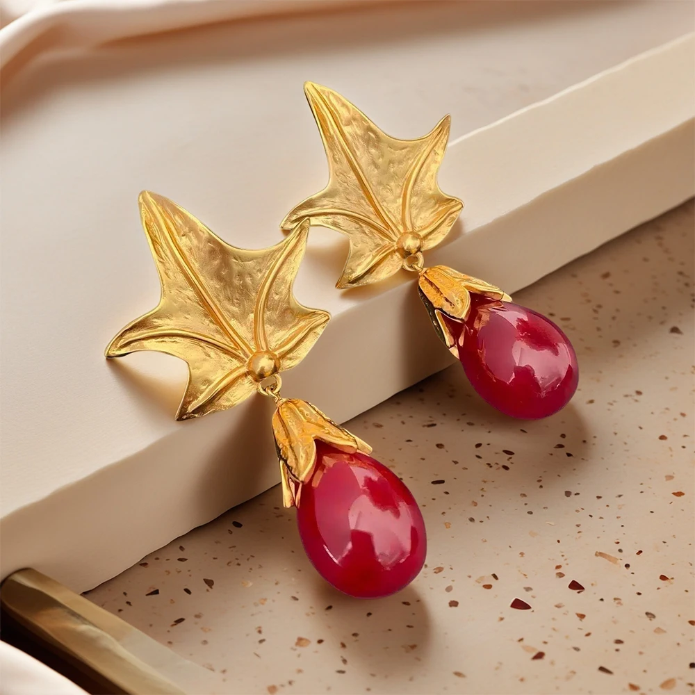 Yuri Ailey Gold Maple Leaf Drop Earrings Women Red Waterdrop Dangle Earring Elegant Jewelry Vintage Antique Statement Ear Clip