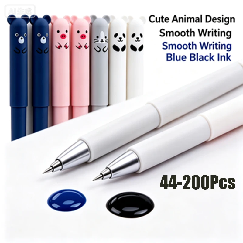 44-200Pcs Kids Erasable Gel Pens, Cartoon Bear Pig Panda Mouse Animal Erasable Pens Notebook Writing