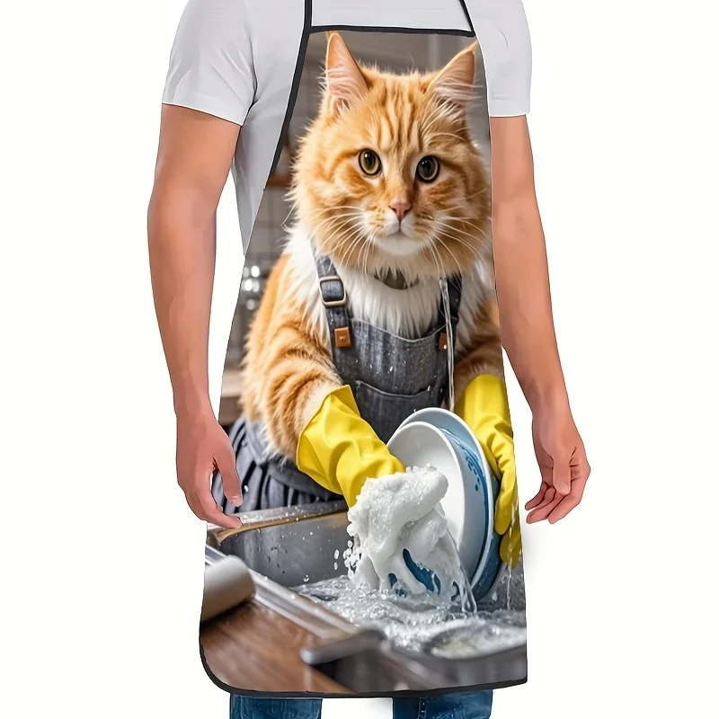 1pc Cute Orange Tabby Cat Washing Dishes Printed Apron Waterproof Oilproof Kitchen Cooking Dishwashing Apron For Cat Lovers