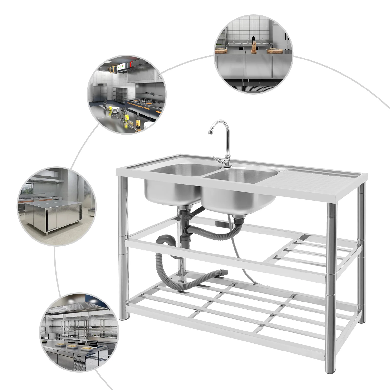 Juego de fregadero comercial para cocina de restaurante con encimera y estantes de almacenamiento dobles, fregadero de acero inoxidable independiente de doble tazón, lavabo de 2 compartimentos con