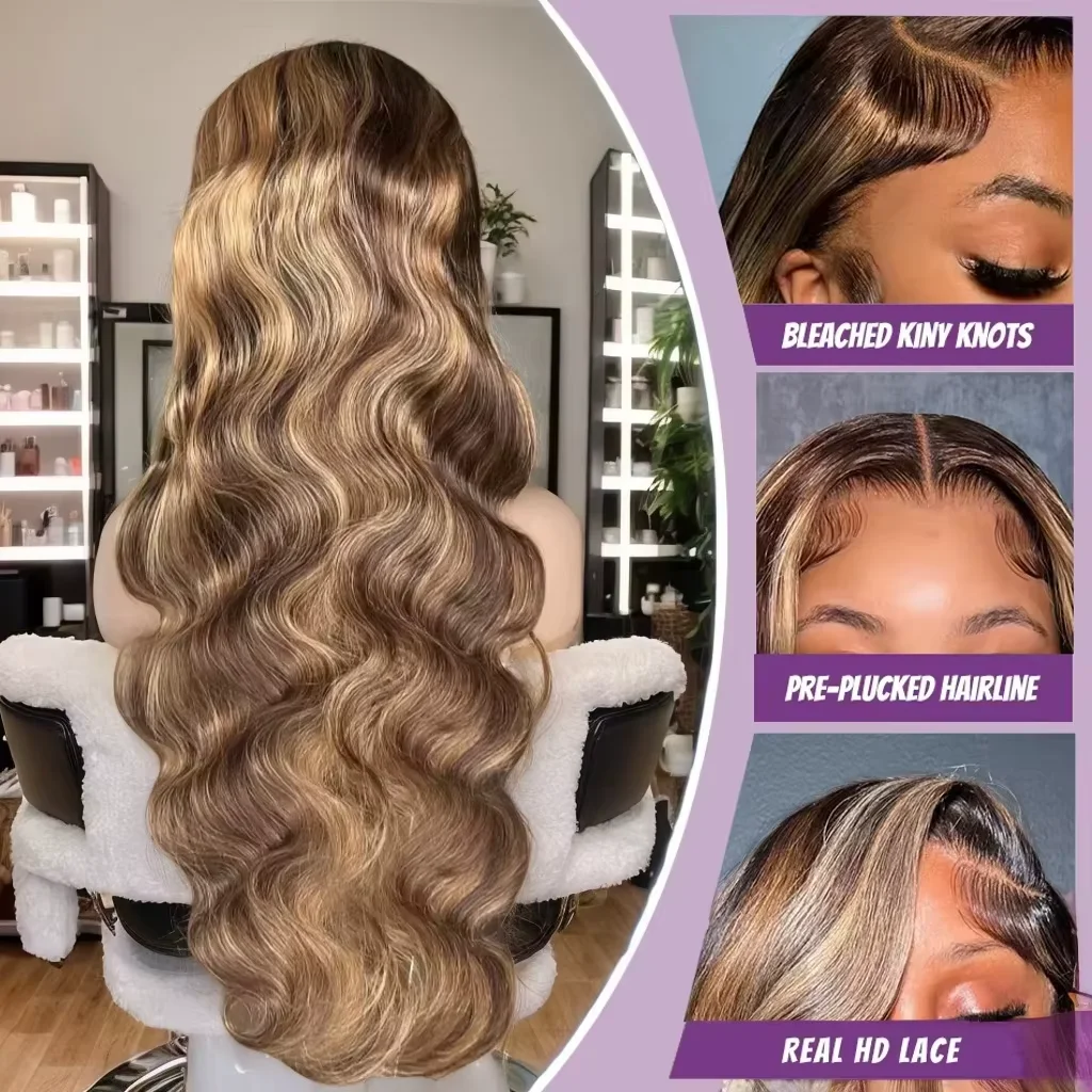 30 Polegada 4/27 mel loira destaque 250 densidade onda do corpo ombre destaque peruca de cabelo humano 13x6 peruca dianteira do laço cabelo humano para mulher