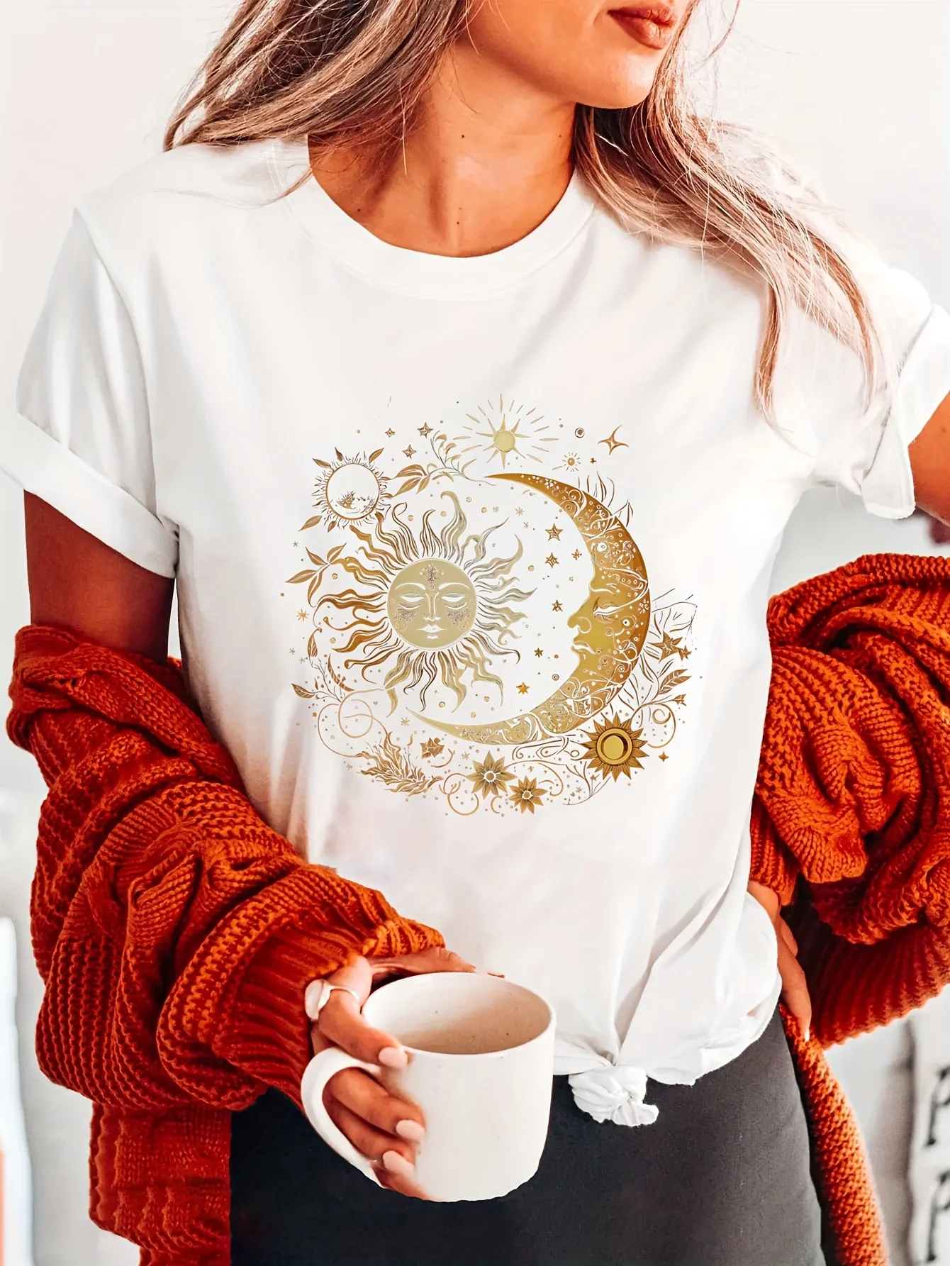 Celestial Sun Moon T Shirt Bohemian Graphic Tee Mystic Astrology Stars Summer Top Casual Fashion Shirt For Women Ladies