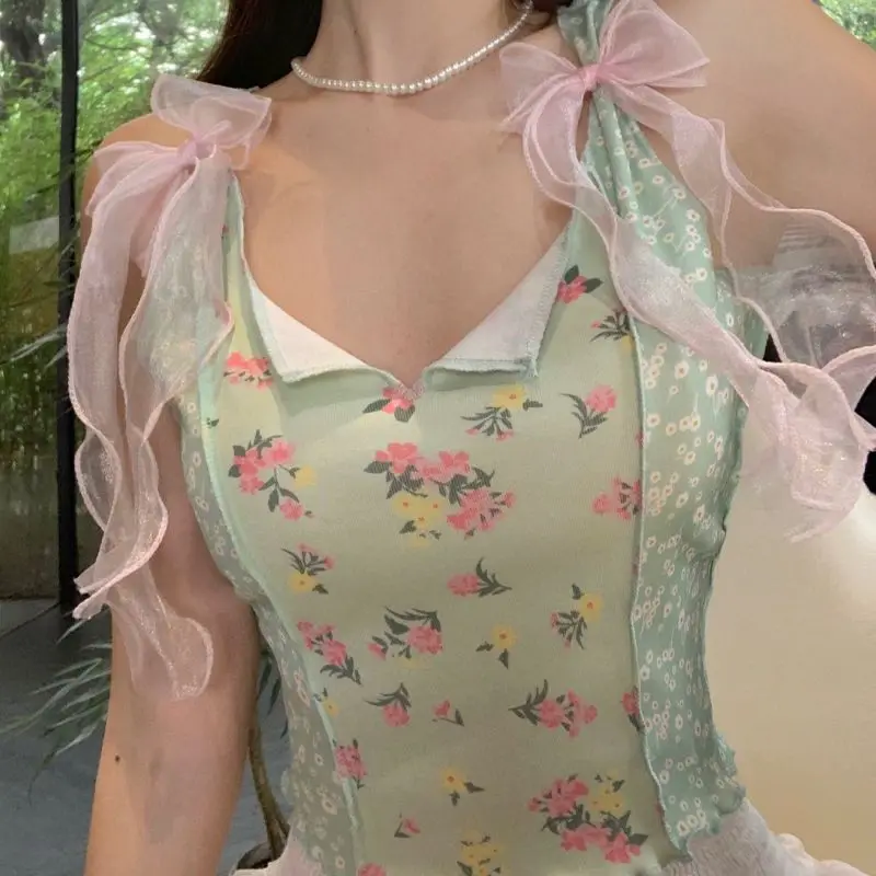 Lace floral sleeveless vintage slim vest top sweetheart y2k 90s bow vintage Sweet Aesthetic Harajuku Streetwear cute tank tops