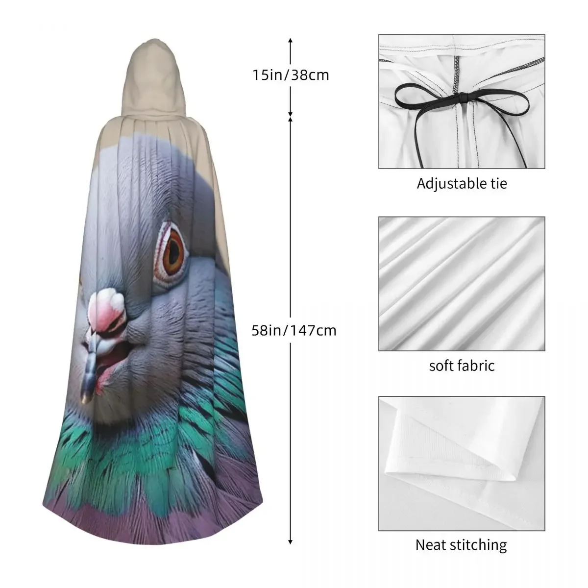 Custom Gray Pigeons Long Hooded Cloak Witch Medieval Costume Cosplay Cape HalloweenParty Adult Unisex