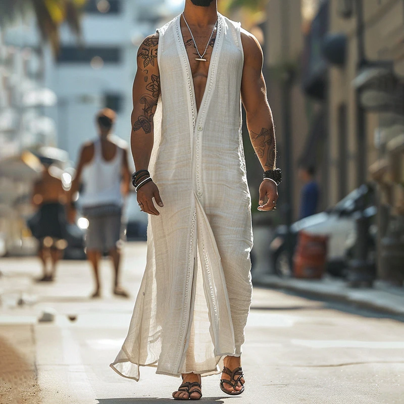 

Men's robe Vacation-style men's casual sleeveless button-up cardigan long robe