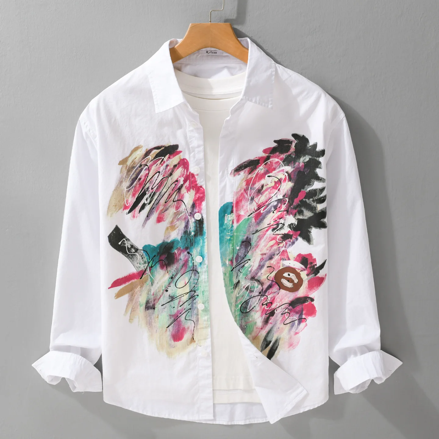 

Мужские рубашки с принтом в европейско-американском стиле, с длинным рукавом, весна-лето, новые белые рубашки из чистого хлопка, повседневные рубашки, молодежная уличная одежда