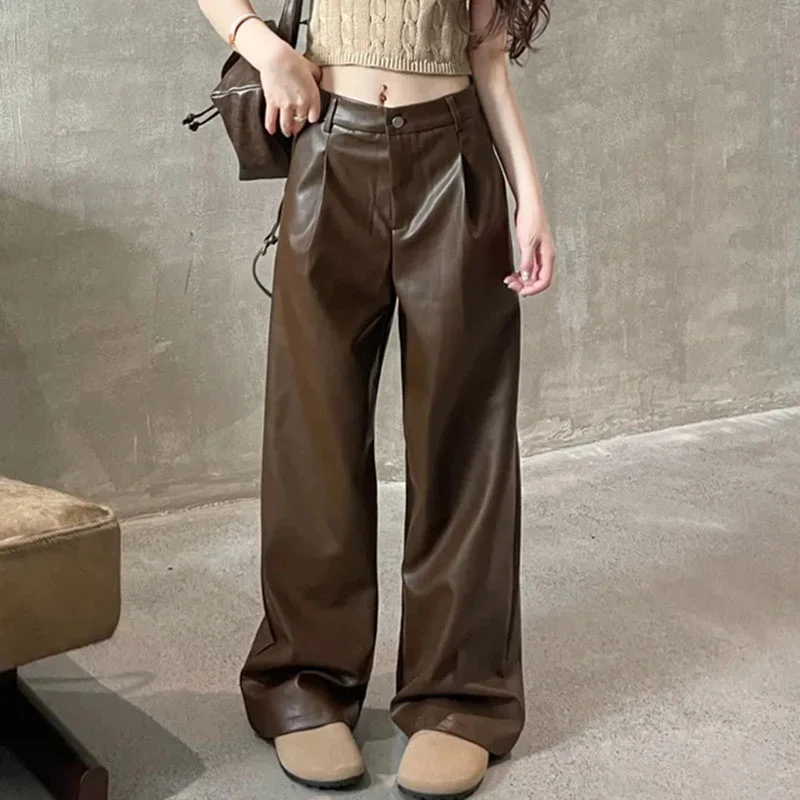 

2024 NEW Retro Loose Korean PU Leather Pants Women Spring Autumn Elastic High Waist Wide Leg Pants Female Casual Long Trousers