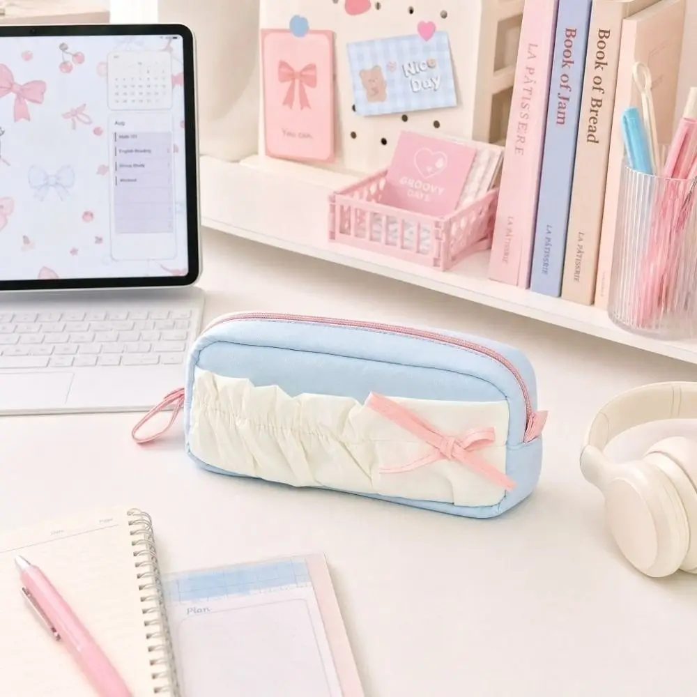 Ruffle Pen Bag Bow Cloud Stationery Bag Bowknot with Lanyard Korean Cloud Pencil Case Desktop Storage Aesthetic Pencil Pouch