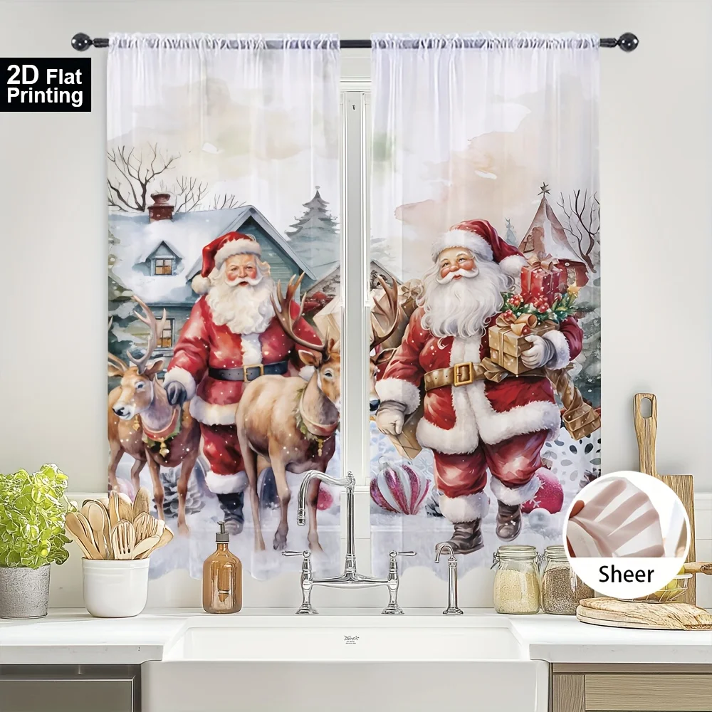 2pcs Christmas Tree Snow Scene Curtains with Santa Reindeer Print, Sheer Voile Rod Pocket for Multi-Room Decor