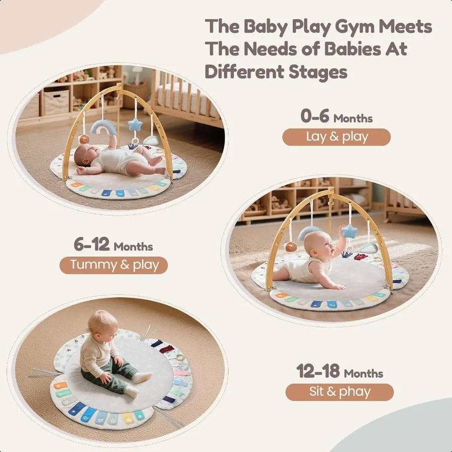 EXIN DECHEN Baby Play Gym Activity Mat إطار من الخيزران العضوي الطبيعي مع 4 ألعاب حسية قابلة للفصل بساط لعب وقت البطن لـ B