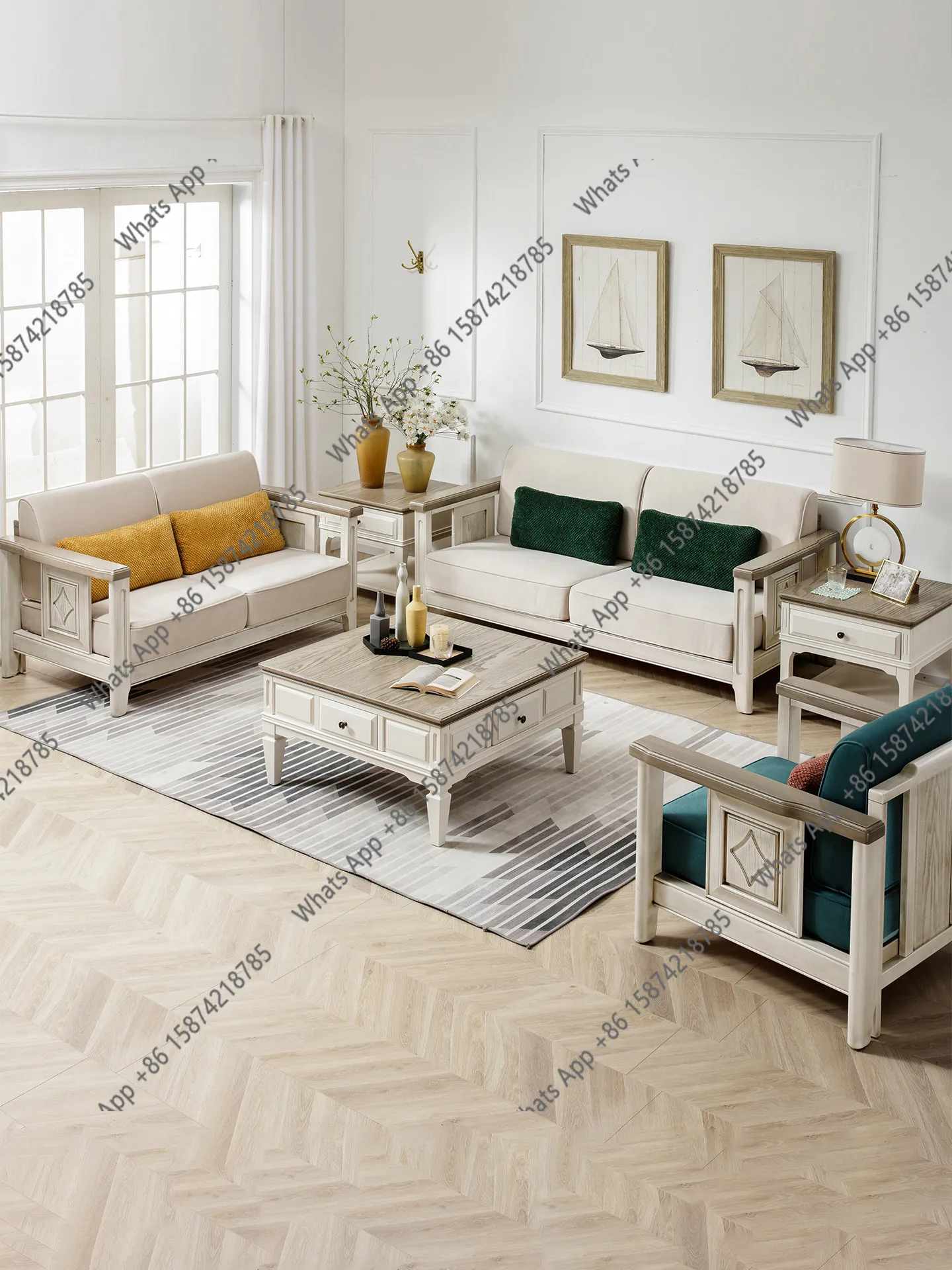American rural all-solid wood sofa fabric fully dismantled and washed 123 living room combination light luxury furniture