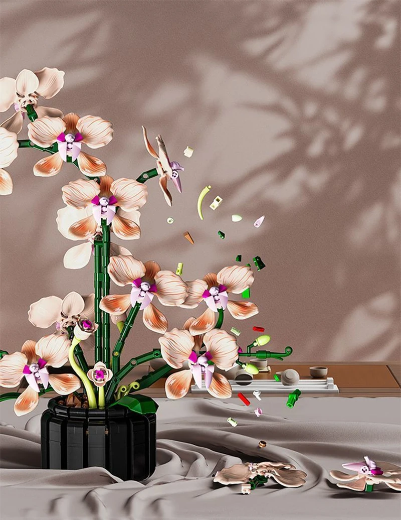 Kreativer Orchideen-Blumenstrauß, Blumen im Topf, Bausteine, unsterbliche Blume, Heim- und Schreibtischpflanzen-Dekoration, zusammenbaubares Baustein-Spielzeug, Geschenk für Teenager. – Detail 11
