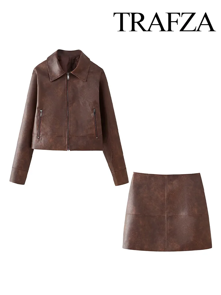 TRAFZA-Jupe en cuir à manches longues pour femme, mini jupe vintage, manteau à col rabattu, poche solide, décoration élégante avec fermeture éclair imbibée