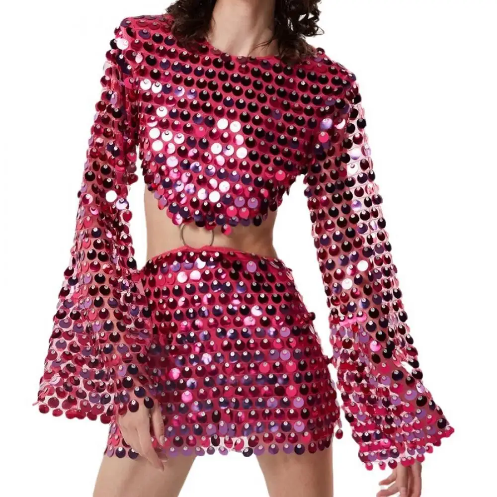 Beaded Irregular Top Skirt Suit Sequin Splicing Short Dress Empire Full Sleeves Dresses Multicolor Skirt Set for Party Club