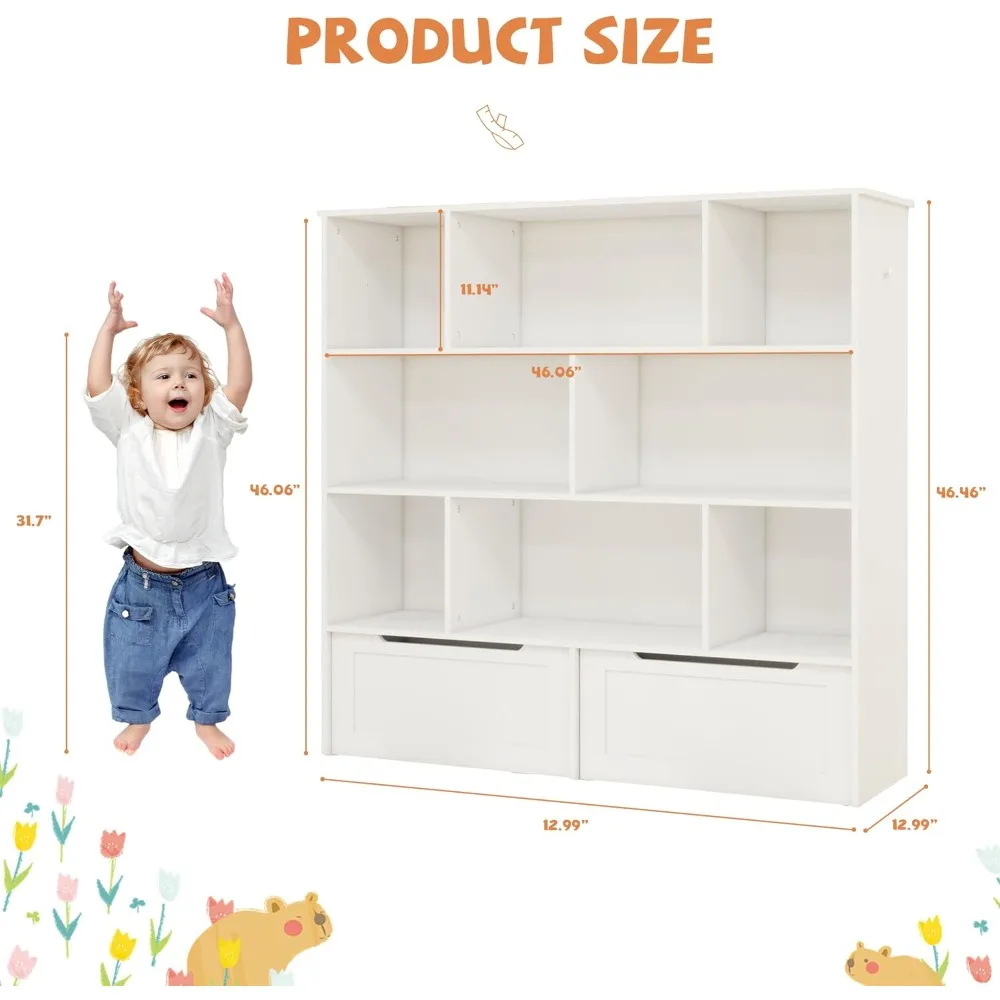 منظم تخزين ألعاب الأطفال مع درجين، ورف كتب للأطفال وخزانة تخزين، مثالي لتنظيم الألعاب والكتب