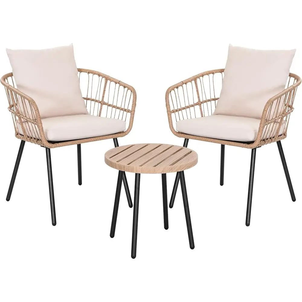 

All-Weather Rattan Patio Bistro Set, 2-Person Wicker Table and Chairs, Suitable for Balcony, Backyard, and Poolside, Beige