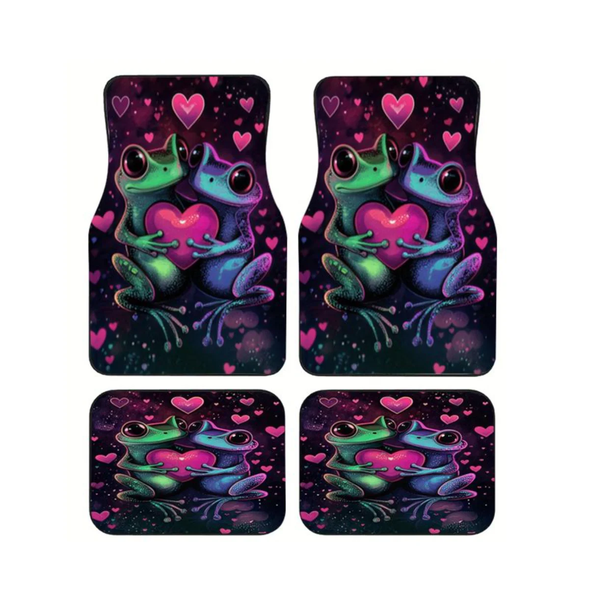 

4Pcs Full Set Car Floor Mats Dark Purple Twin Frog Pink Heart Print Waterproof Anti-slip Auto Foot Pads Romantic Lovers Style