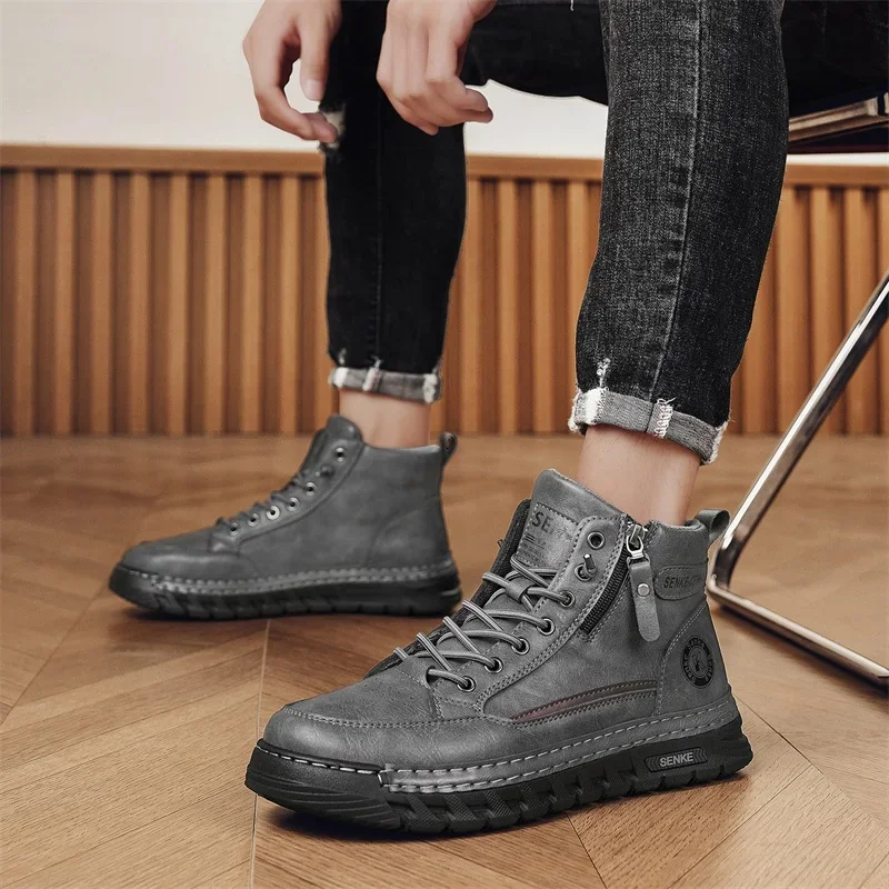 Fashion Zip Design Platform Boots Men Classic Black Men's Ankle Boots British Style Short Shoes For Men High Top Leather Boots