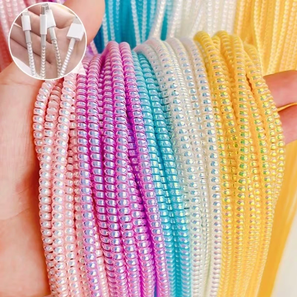 1.4M Colorful Spiral Charger Cable Cord Protector Universal Wrap Data Line Laser Decoration Winder For iPhone Samsung Xiaomi