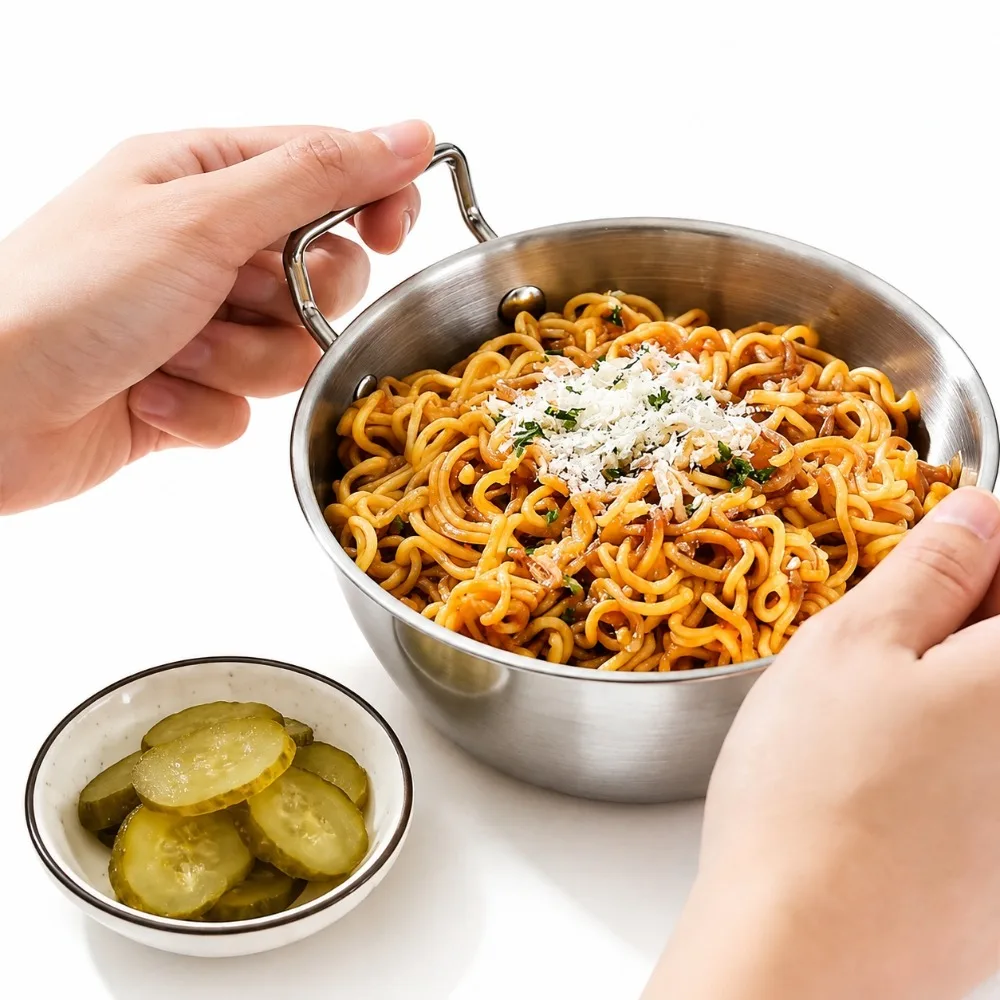 Edelstahl-Nudelschüssel mit Griff, koreanische Ramen-Suppen-Salatschüssel, Heißluftfritteuse-Einlage, Backblech, Schneidewerkzeug, Küchenzubehör